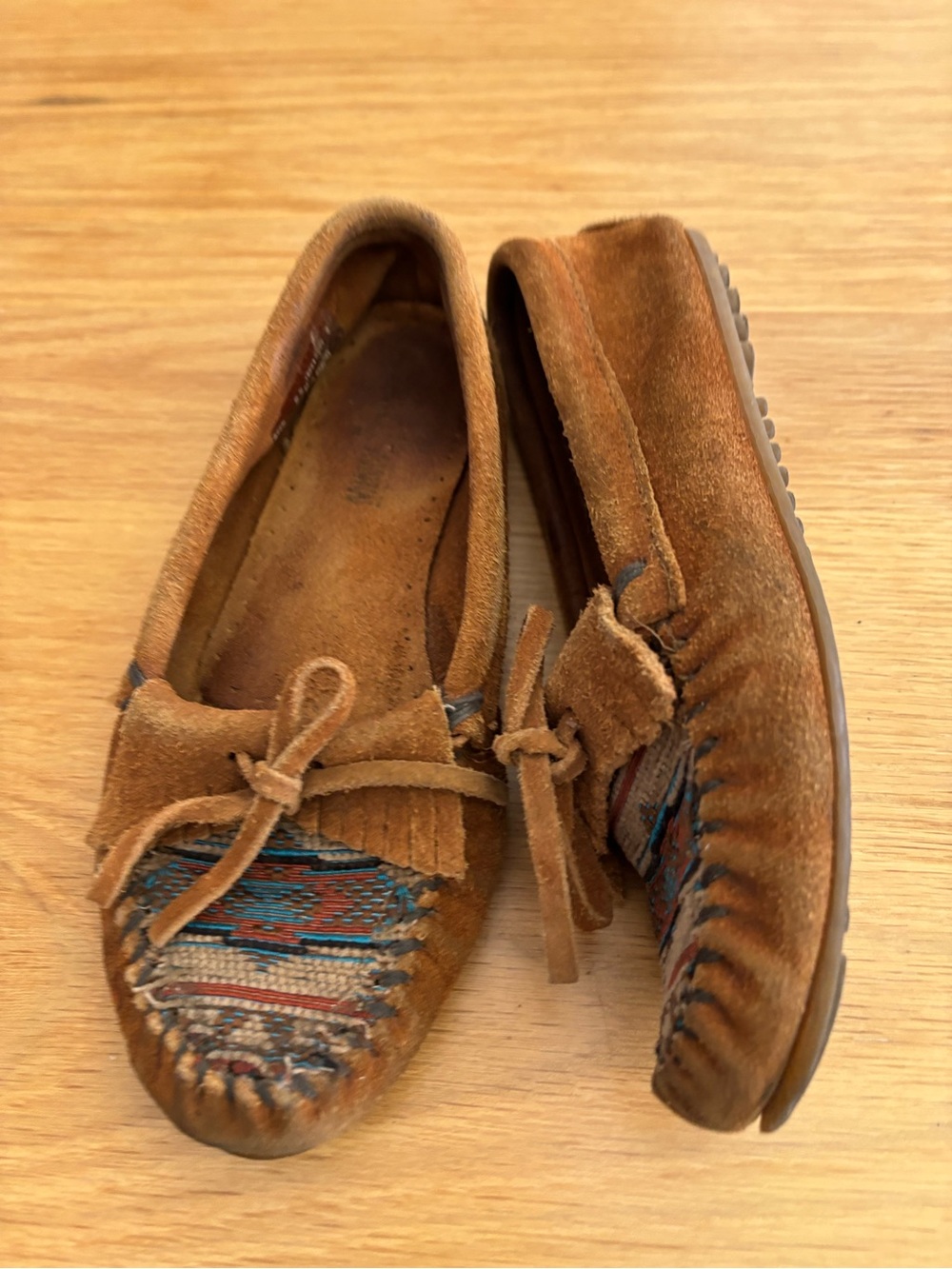 Minnetonka Suede Moccasin Loafers with Multicolor Woven Accent